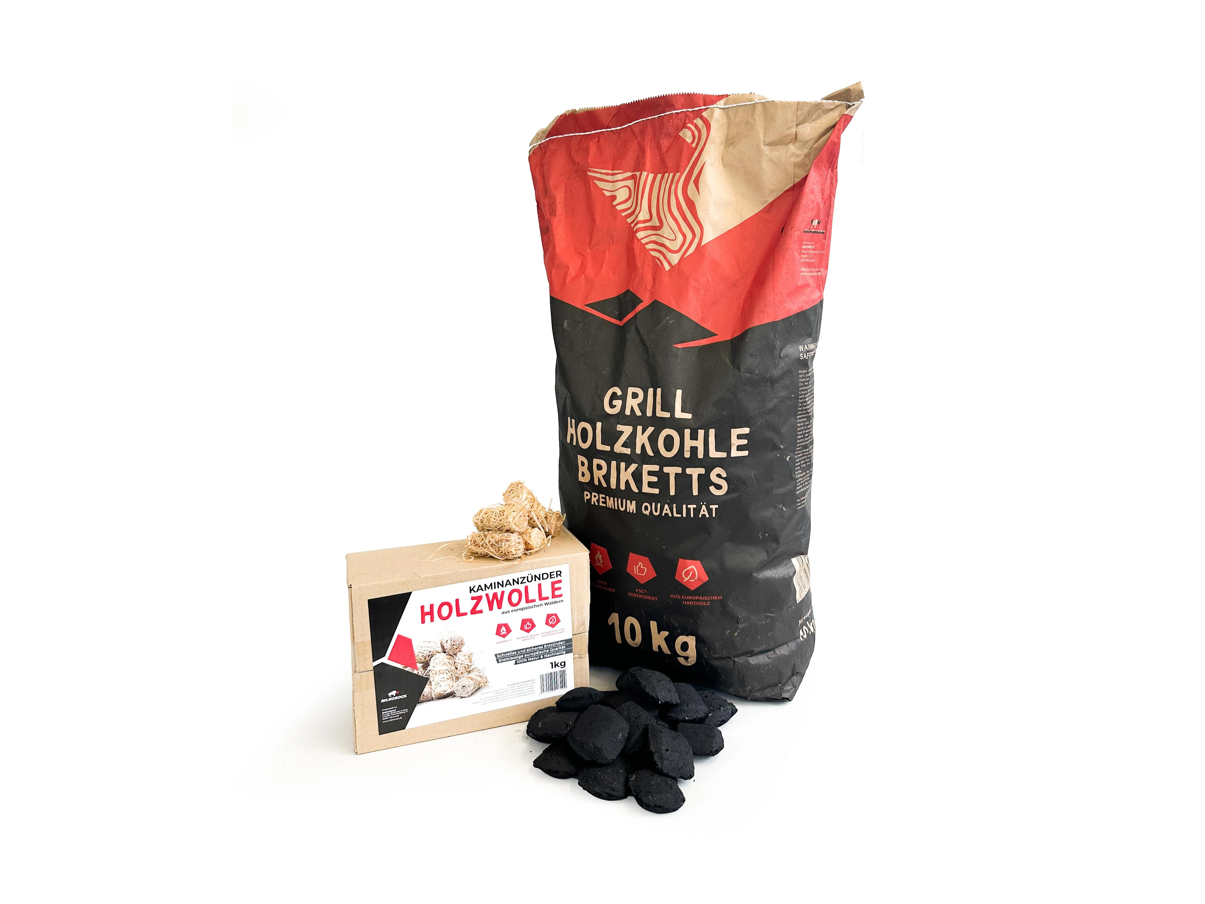 10 kg Grill-Holzkohle & 1 kg Holzwolle Anzünder – SET | RHINOROCK - Image 2